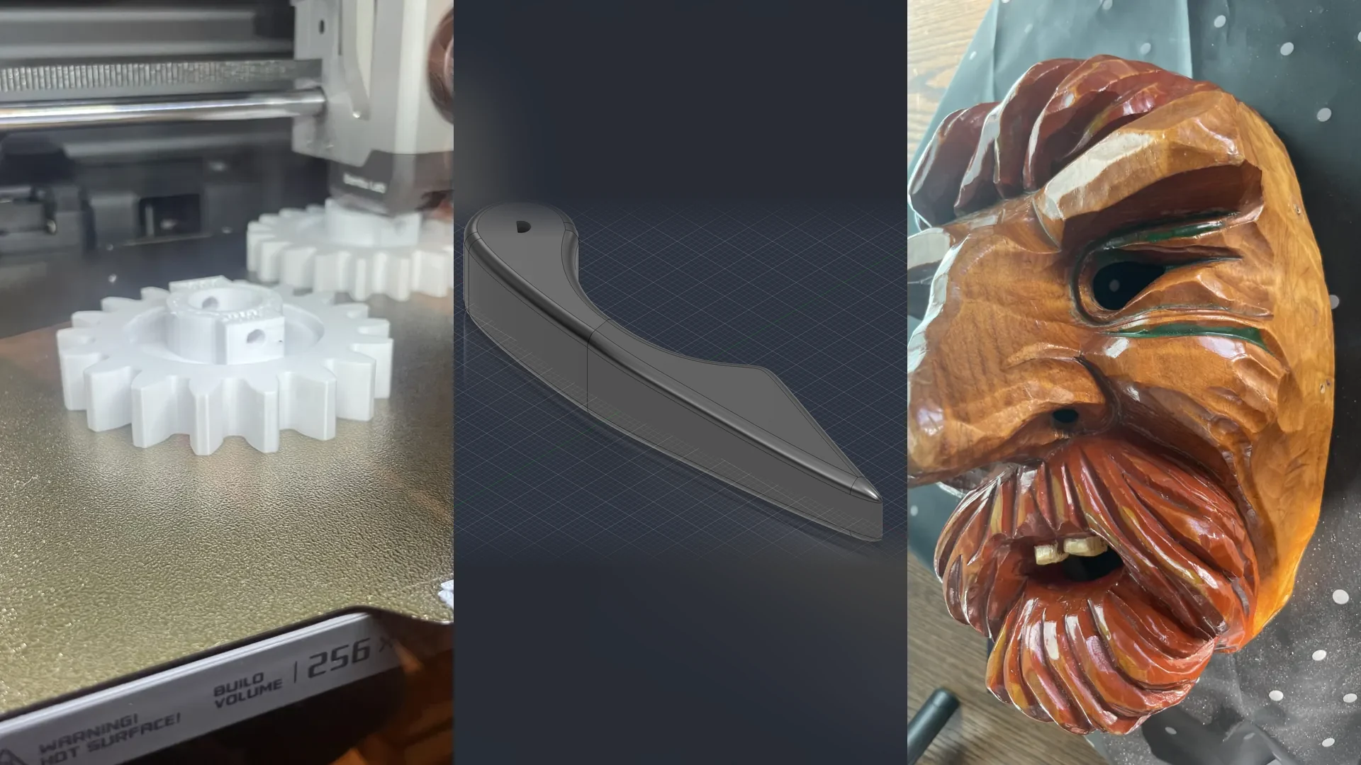 3D-Drucker fertigt ein Zahnrad, CAD-Modell eines Griffs und eine geschnitzte Fasnetsmaske